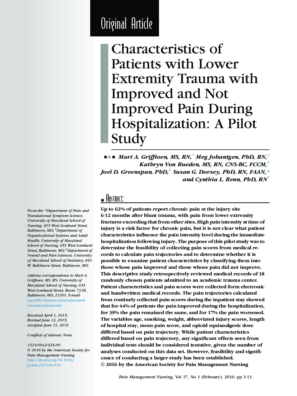 Characteristics of Patients with Lower Extremity Trauma with Improved and Not Improved Pain During Hospitalization: A Pilot Study 