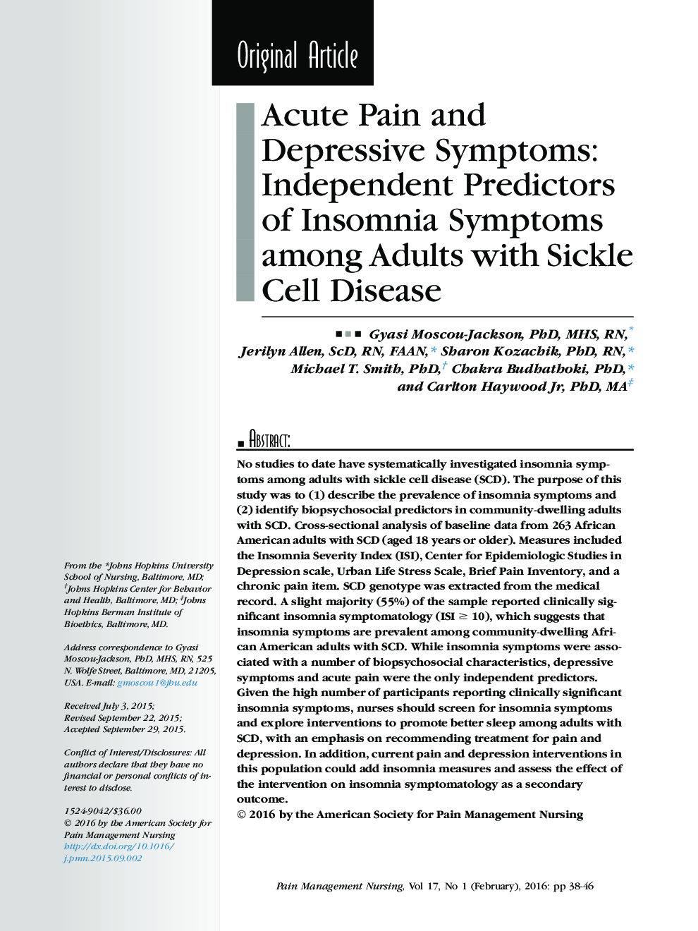 Acute Pain and Depressive Symptoms: Independent Predictors of Insomnia Symptoms among Adults with Sickle Cell Disease 