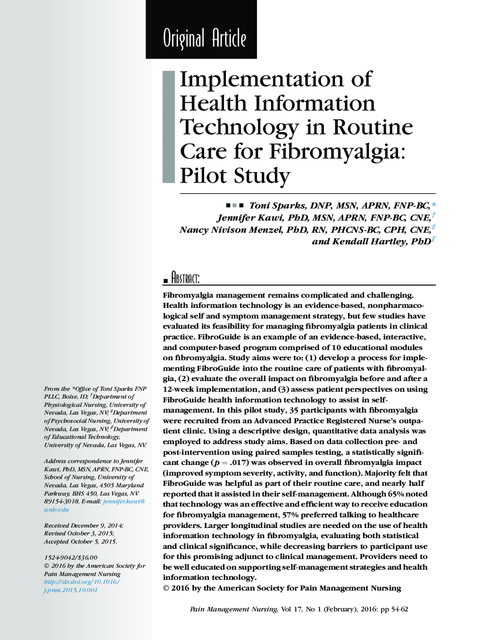 Implementation of Health Information Technology in Routine Care for Fibromyalgia: Pilot Study