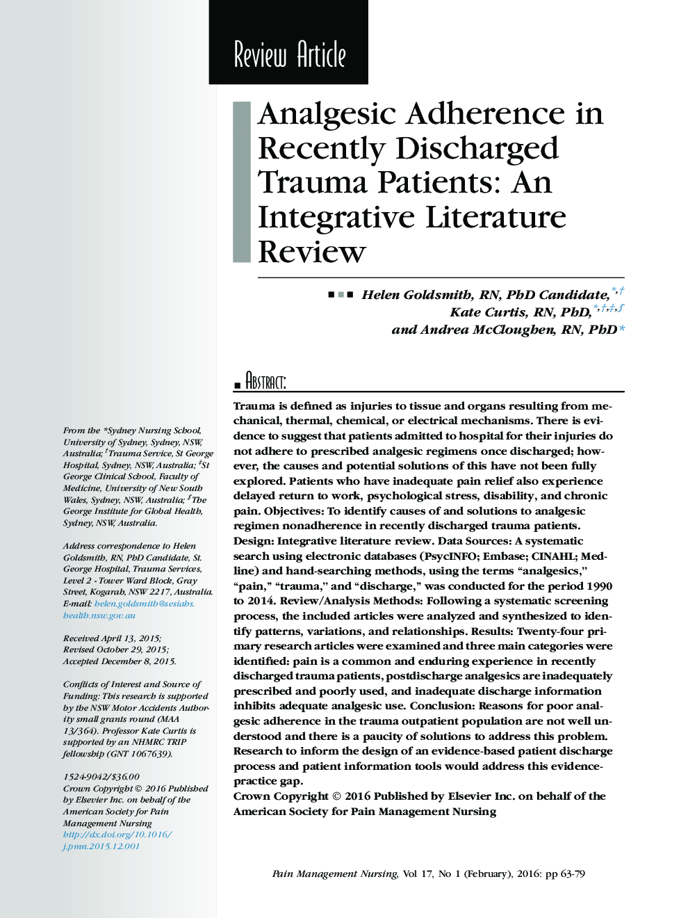 Analgesic Adherence in Recently Discharged Trauma Patients: An Integrative Literature Review 