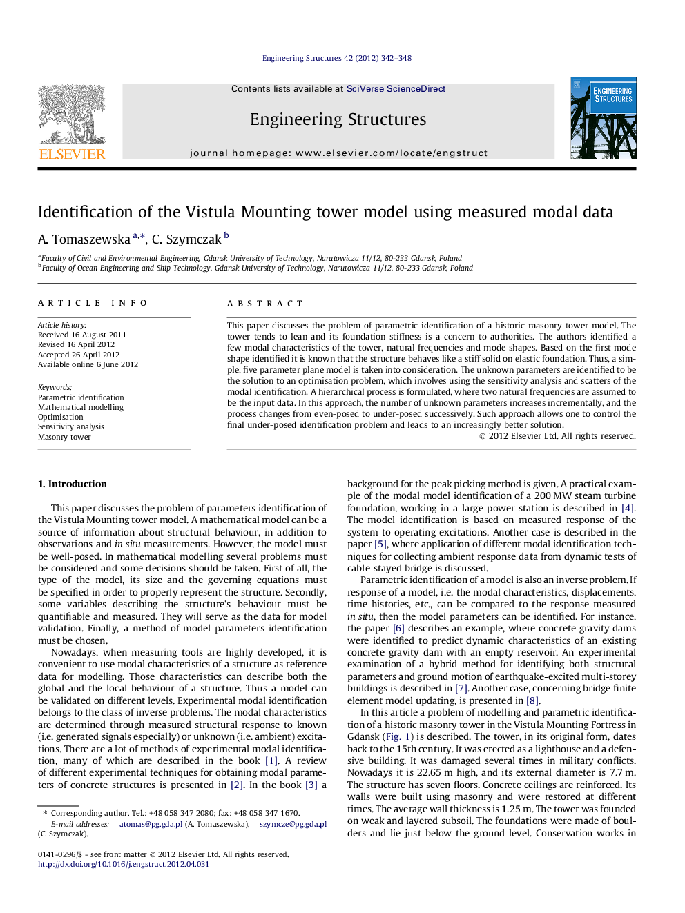 Identification of the Vistula Mounting tower model using measured modal data