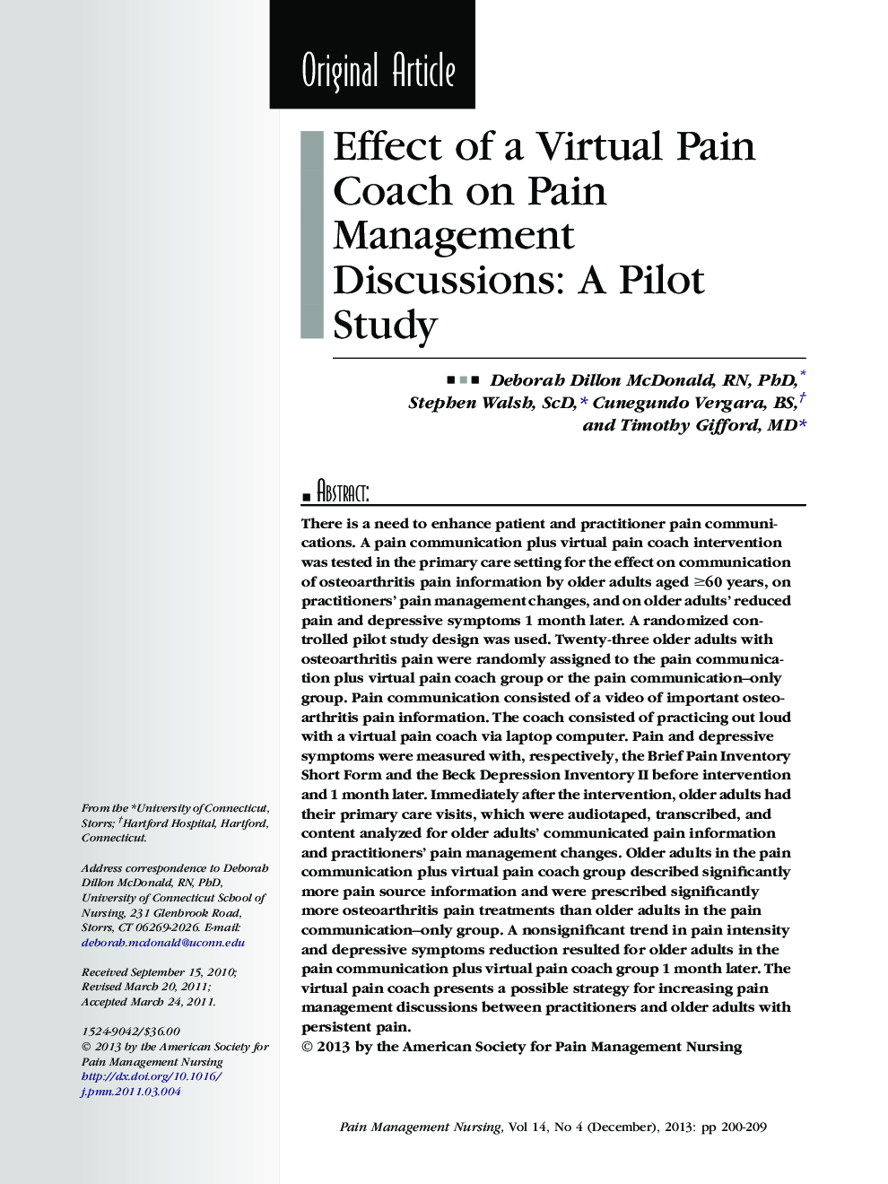 Effect of a Virtual Pain Coach on Pain Management Discussions: A Pilot Study