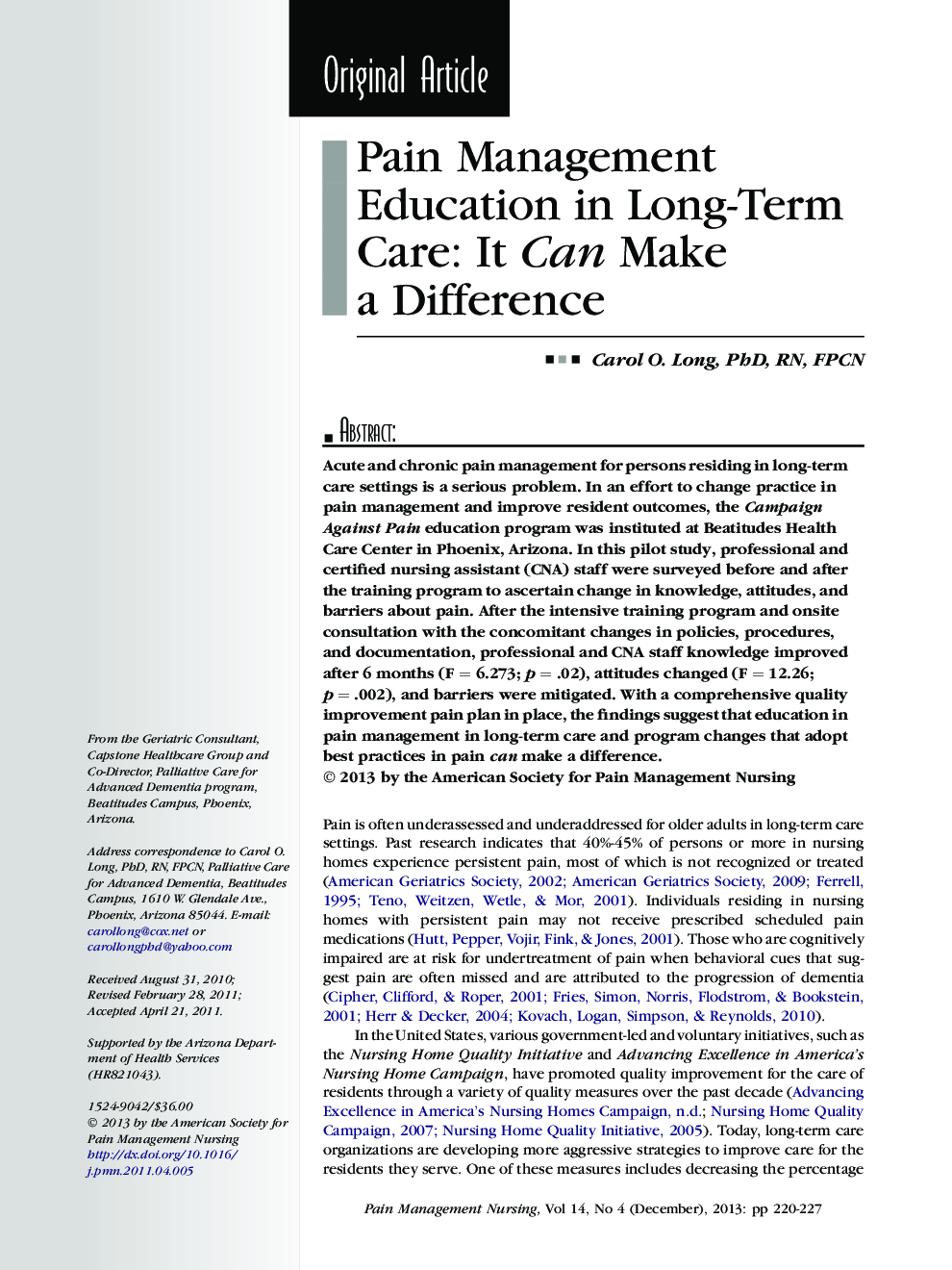 عکس صفحه اول مقاله: Pain Management Education in Long-Term Care: It Can Make a Difference Pain Management Education in Long-Term Care: It Can Make a Difference