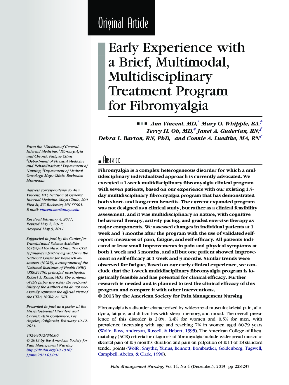 Early Experience with a Brief, Multimodal, Multidisciplinary Treatment Program for Fibromyalgia 