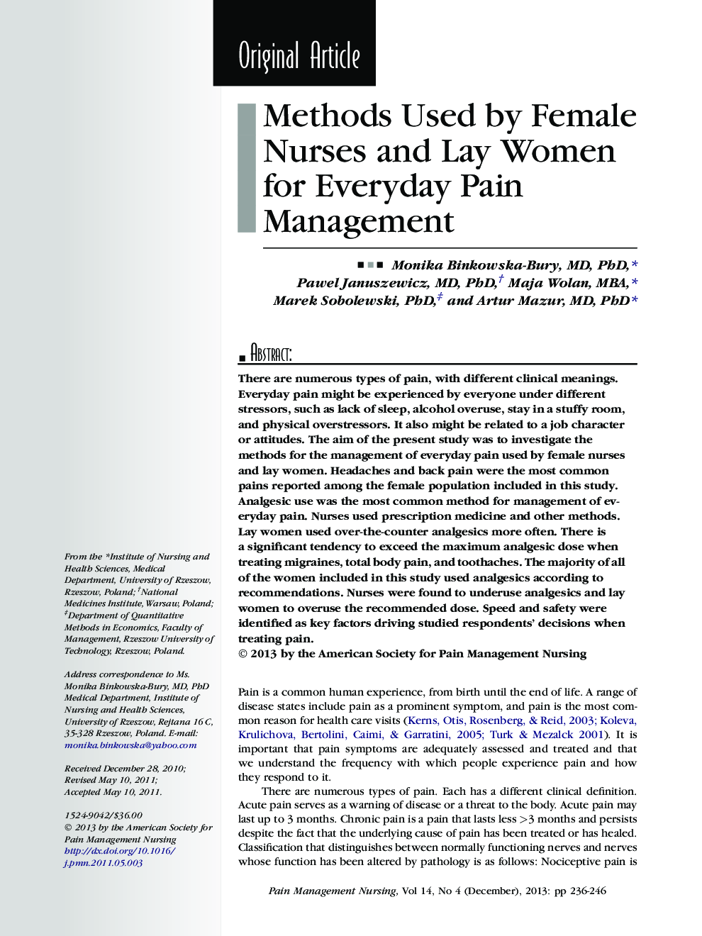 عکس صفحه اول مقاله: Methods Used by Female Nurses and Lay Women for Everyday Pain Management Methods Used by Female Nurses and Lay Women for Everyday Pain Management