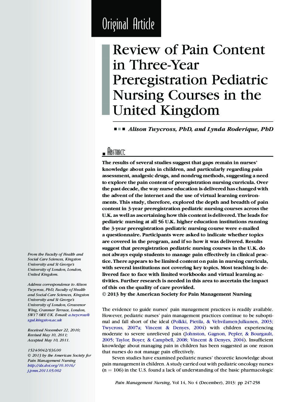 Review of Pain Content in Three-Year Preregistration Pediatric Nursing Courses in the United Kingdom
