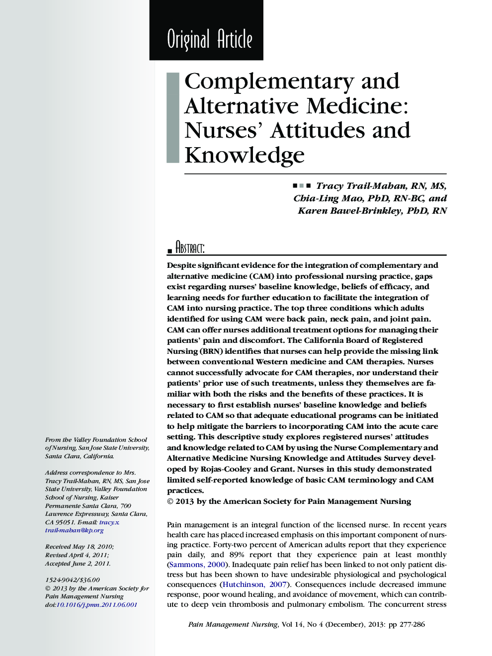 Complementary and Alternative Medicine: Nurses’ Attitudes and Knowledge