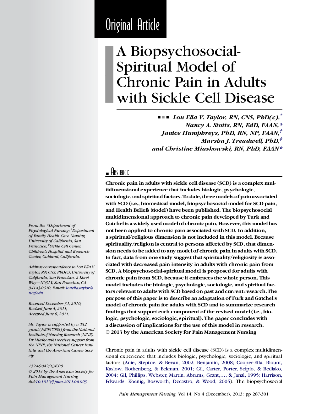 A Biopsychosocial-Spiritual Model of Chronic Pain in Adults with Sickle Cell Disease 