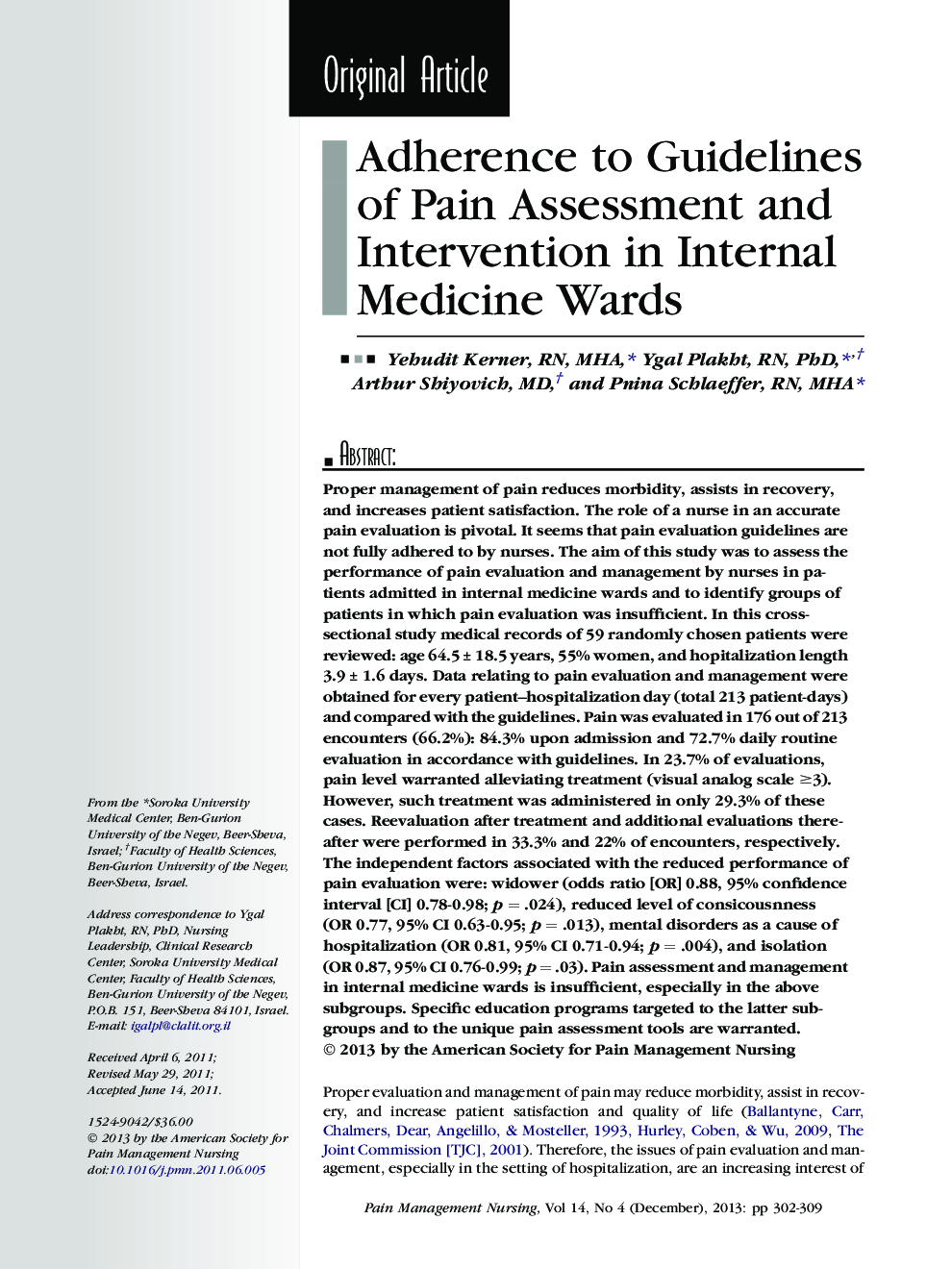 Adherence to Guidelines of Pain Assessment and Intervention in Internal Medicine Wards