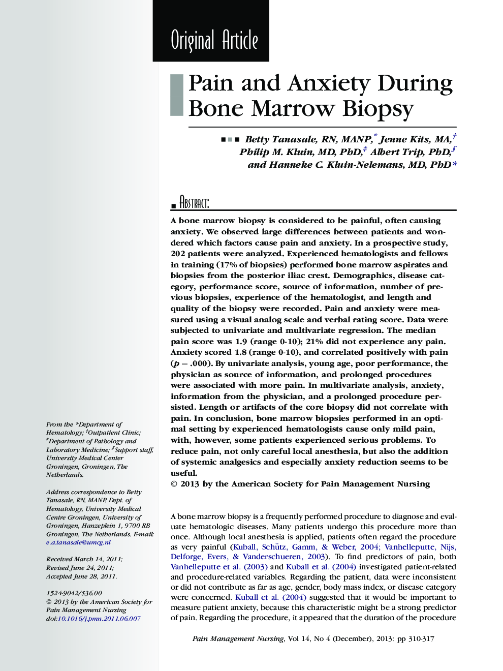 Pain and Anxiety During Bone Marrow Biopsy