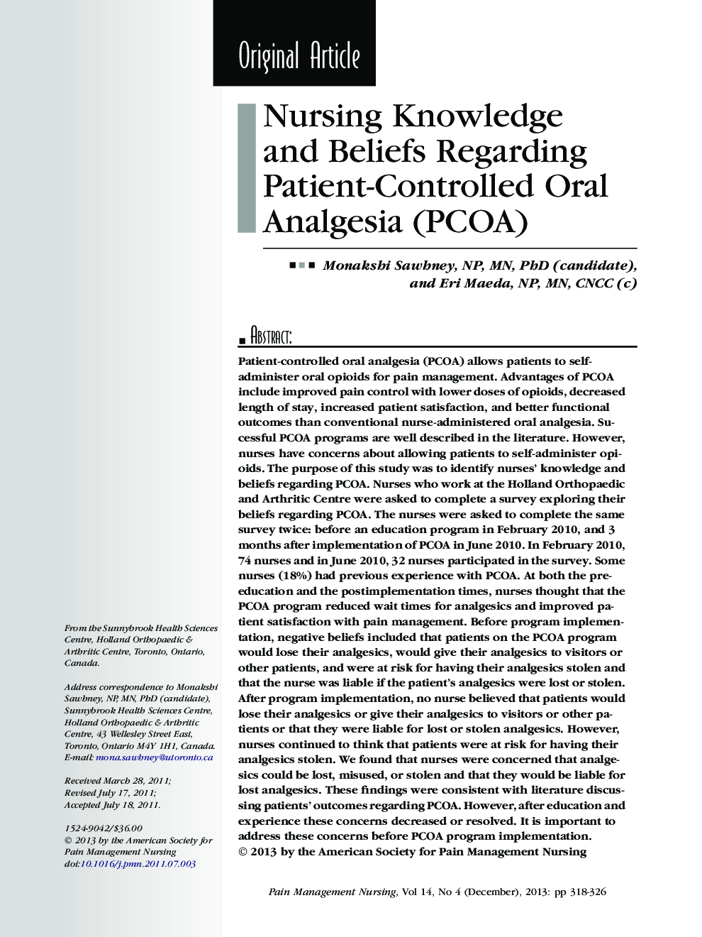 عکس صفحه اول مقاله: Nursing Knowledge and Beliefs Regarding Patient-Controlled Oral Analgesia (PCOA) Nursing Knowledge and Beliefs Regarding Patient-Controlled Oral Analgesia (PCOA)