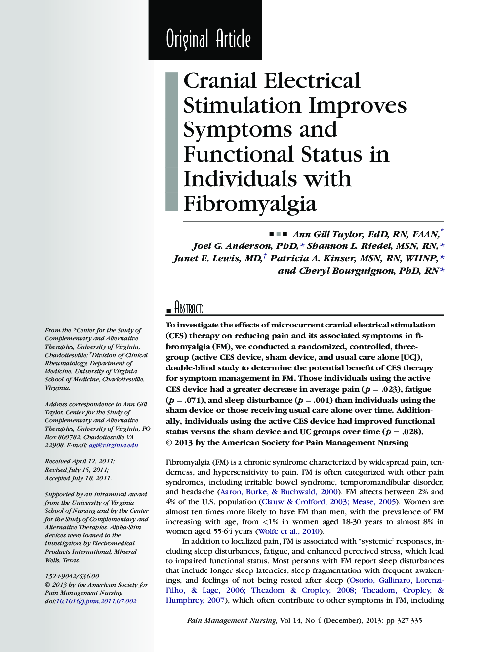 Cranial Electrical Stimulation Improves Symptoms and Functional Status in Individuals with Fibromyalgia 