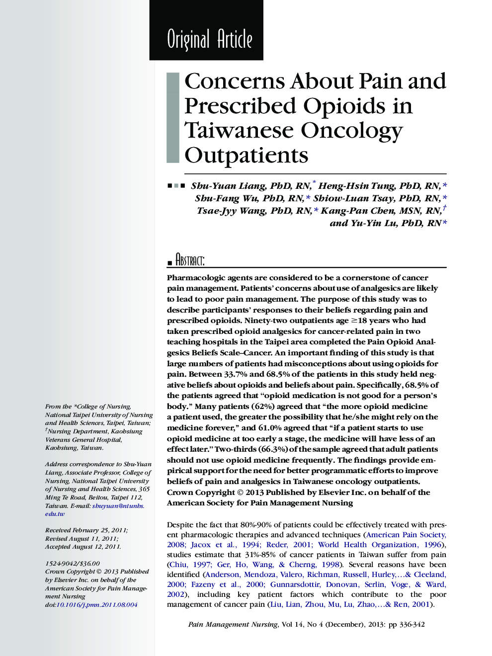 Concerns About Pain and Prescribed Opioids in Taiwanese Oncology Outpatients