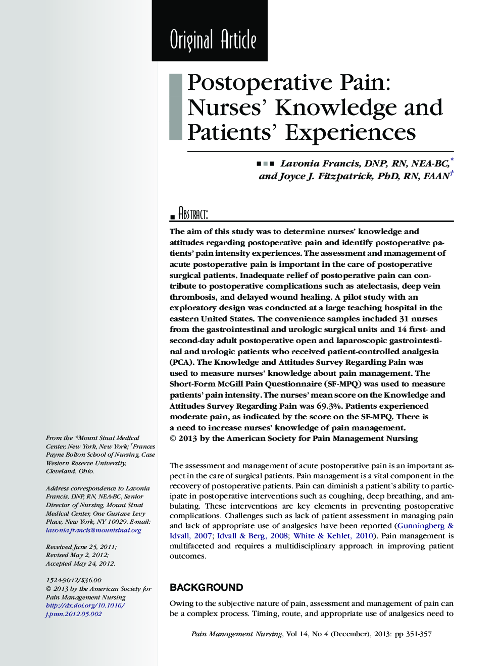 Postoperative Pain: Nurses’ Knowledge and Patients’ Experiences