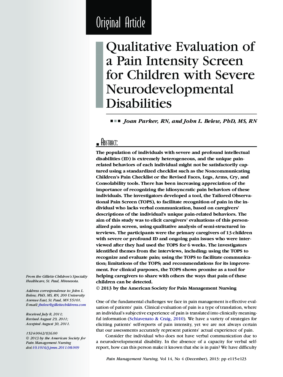 عکس صفحه اول مقاله: Qualitative Evaluation of a Pain Intensity Screen for Children with Severe Neurodevelopmental Disabilities Qualitative Evaluation of a Pain Intensity Screen for Children with Severe Neurodevelopmental Disabilities