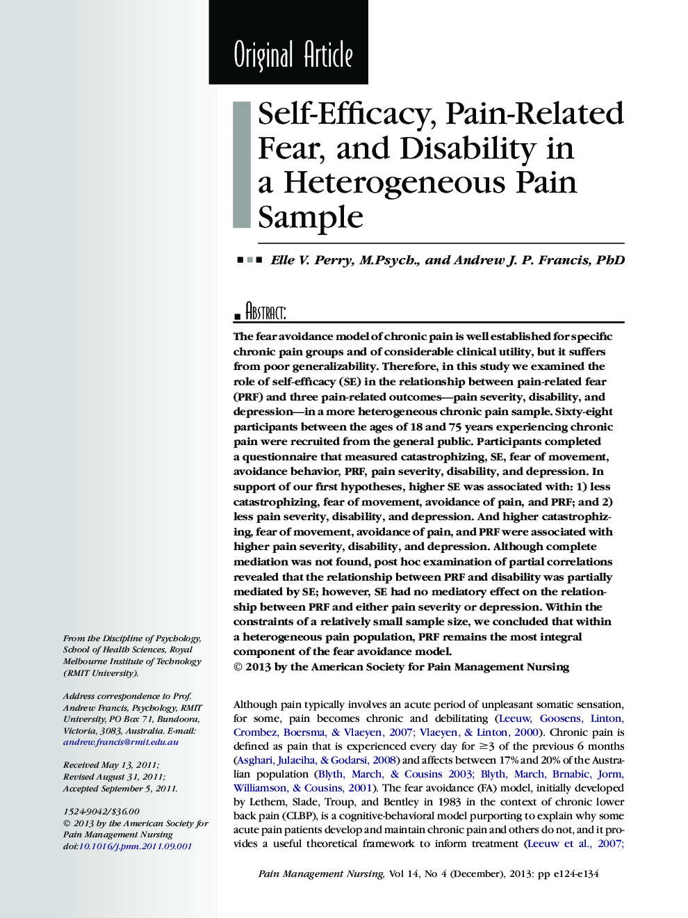 Self-Efficacy, Pain-Related Fear, and Disability in a Heterogeneous Pain Sample