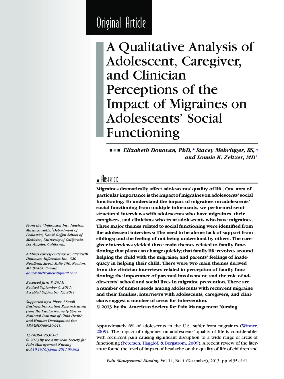 A Qualitative Analysis of Adolescent, Caregiver, and Clinician Perceptions of the Impact of Migraines on Adolescents' Social Functioning