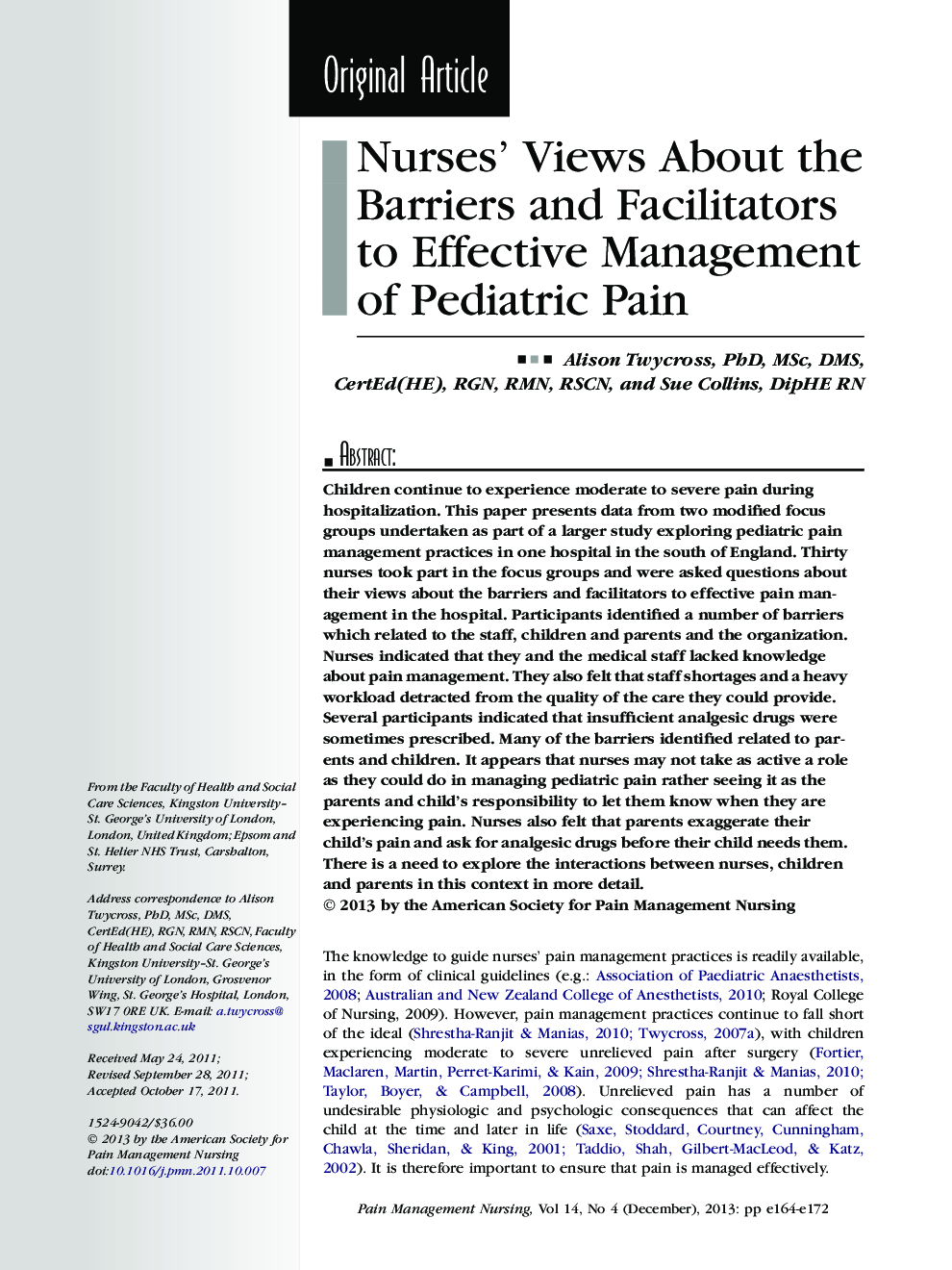 Nurses' Views About the Barriers and Facilitators to Effective Management of Pediatric Pain