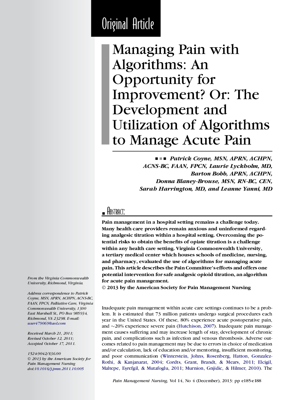 Managing Pain with Algorithms: An Opportunity for Improvement? Or: The Development and Utilization of Algorithms to Manage Acute Pain
