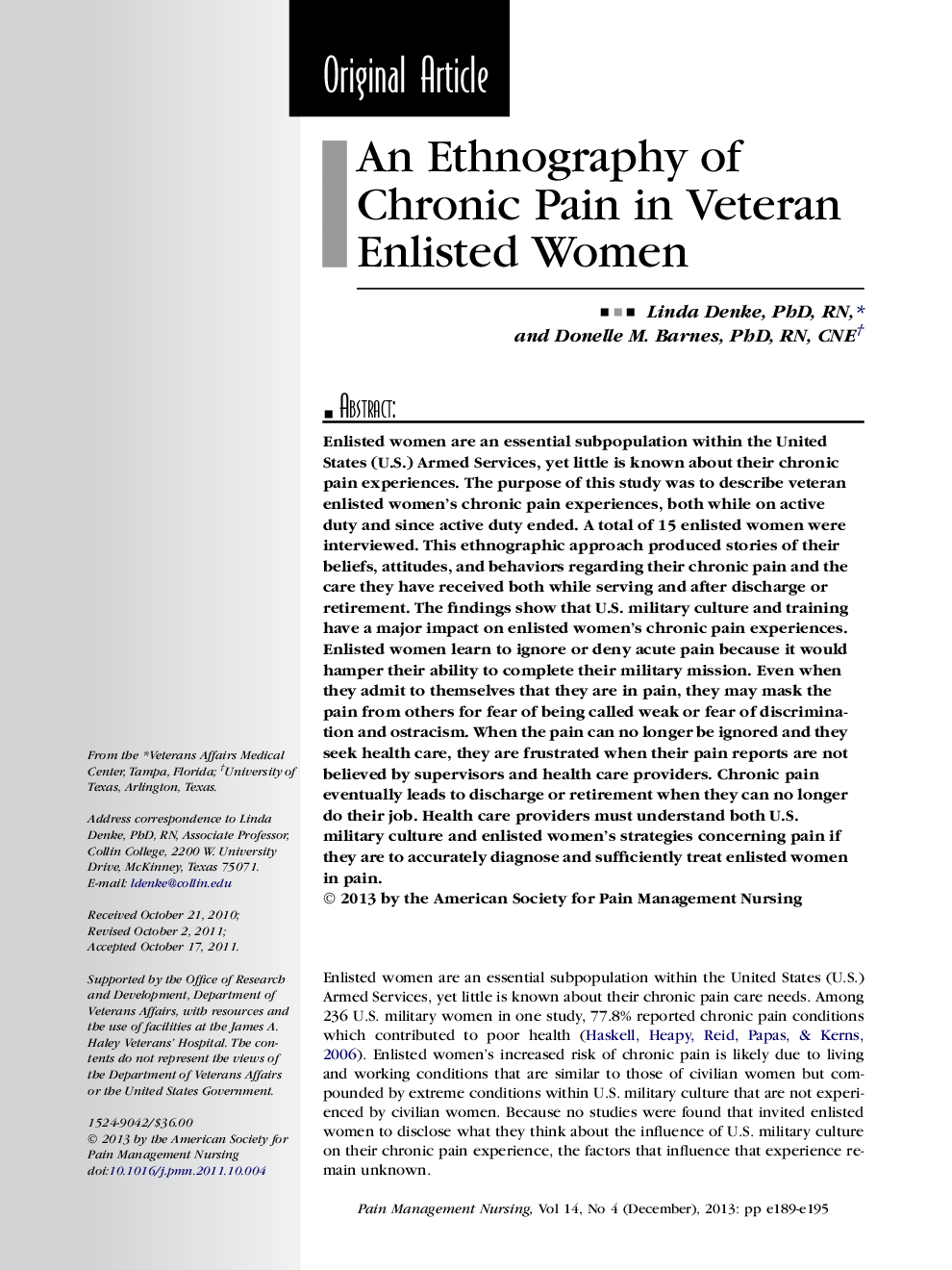 عکس صفحه اول مقاله: An Ethnography of Chronic Pain in Veteran Enlisted Women An Ethnography of Chronic Pain in Veteran Enlisted Women