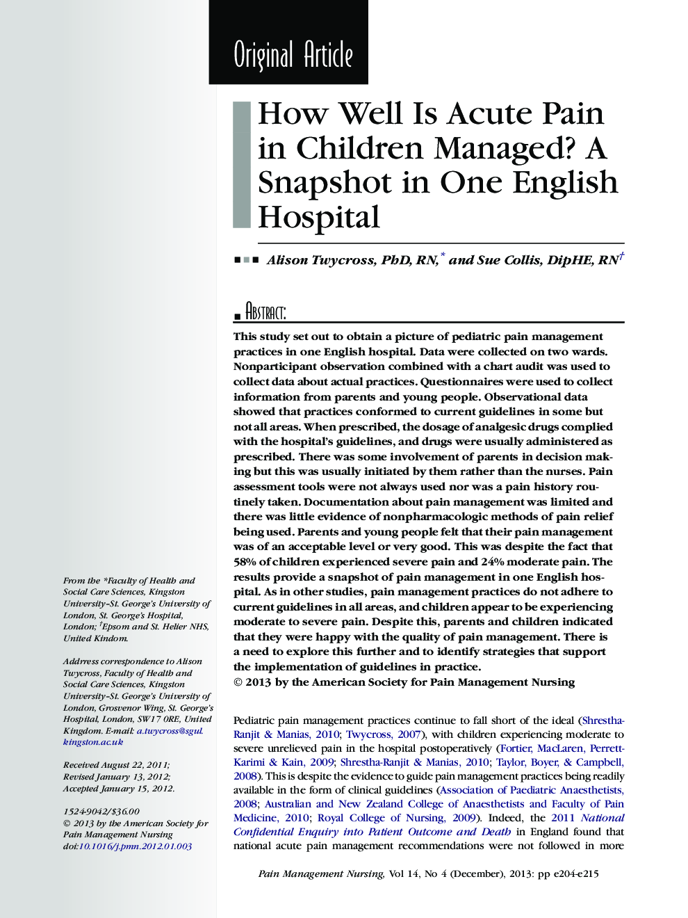 How Well Is Acute Pain in Children Managed? A Snapshot in One English Hospital