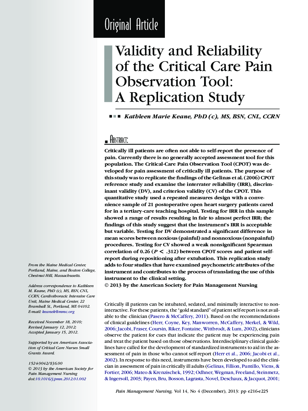 Validity and Reliability of the Critical Care Pain Observation Tool: A Replication Study 