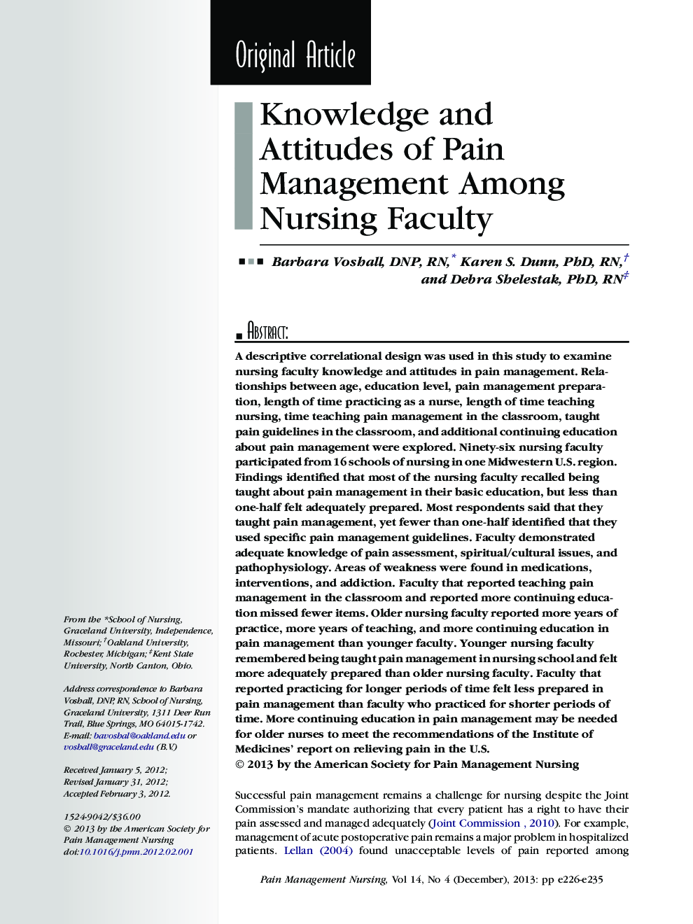 Knowledge and Attitudes of Pain Management Among Nursing Faculty