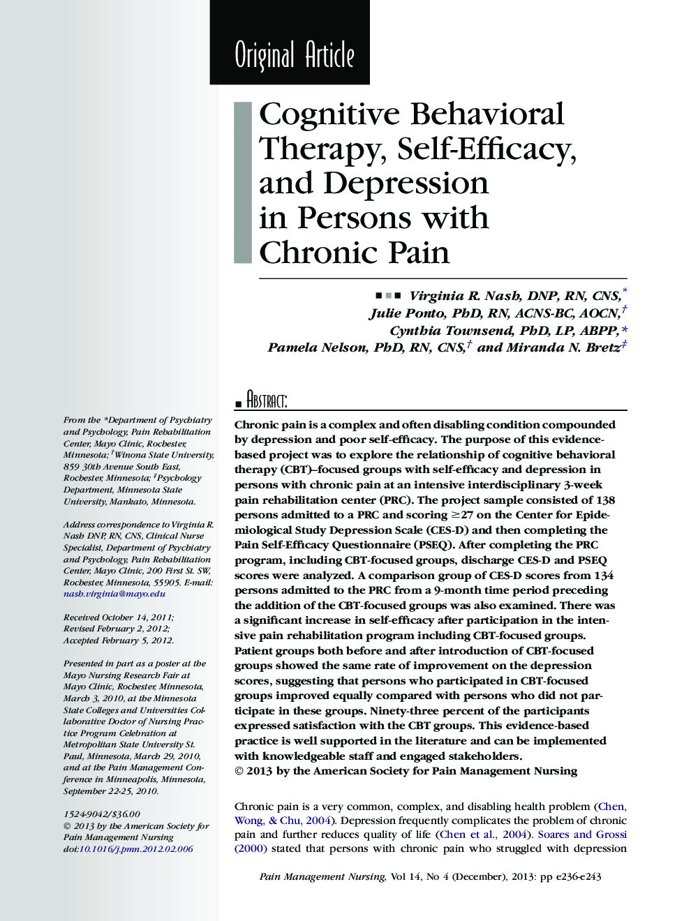 عکس صفحه اول مقاله: Cognitive Behavioral Therapy, Self-Efficacy, and Depression in Persons with Chronic Pain Cognitive Behavioral Therapy, Self-Efficacy, and Depression in Persons with Chronic Pain