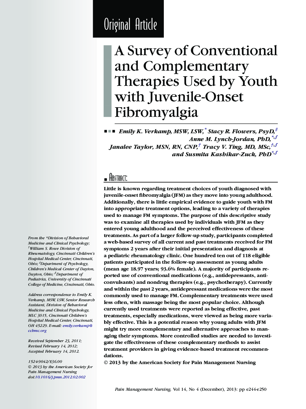 A Survey of Conventional and Complementary Therapies Used by Youth with Juvenile-Onset Fibromyalgia