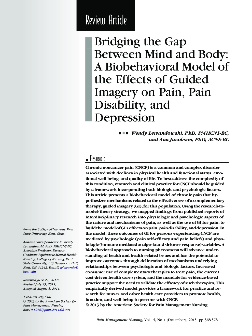 Bridging the Gap Between Mind and Body: A Biobehavioral Model of the Effects of Guided Imagery on Pain, Pain Disability, and Depression
