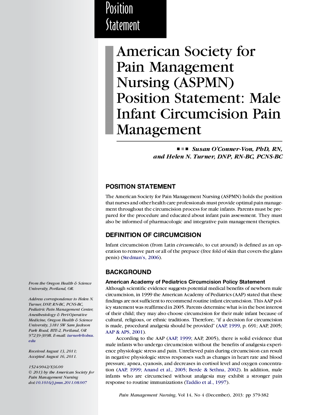 American Society for Pain Management Nursing (ASPMN) Position Statement: Male Infant Circumcision Pain Management