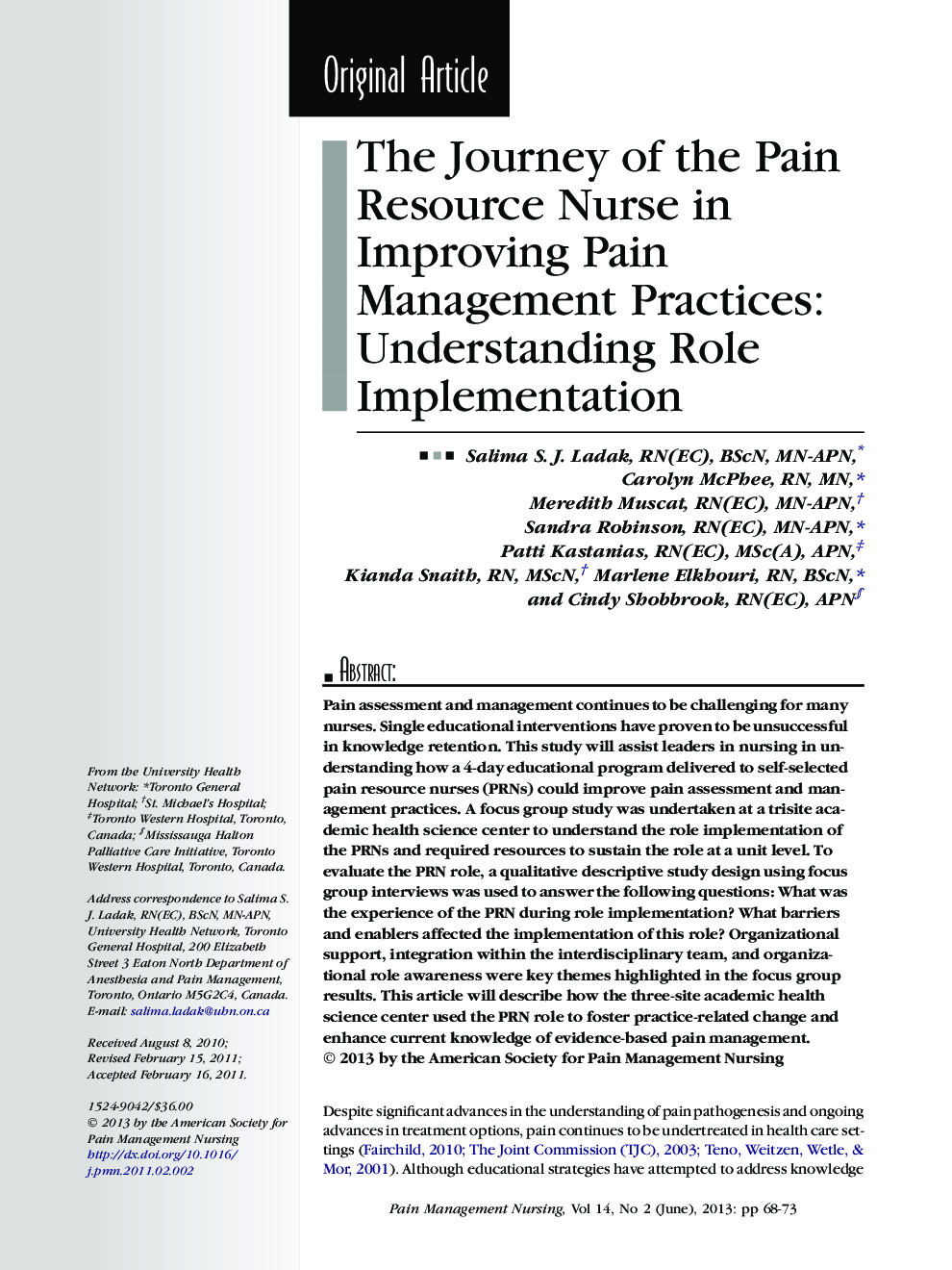 The Journey of the Pain Resource Nurse in Improving Pain Management Practices: Understanding Role Implementation