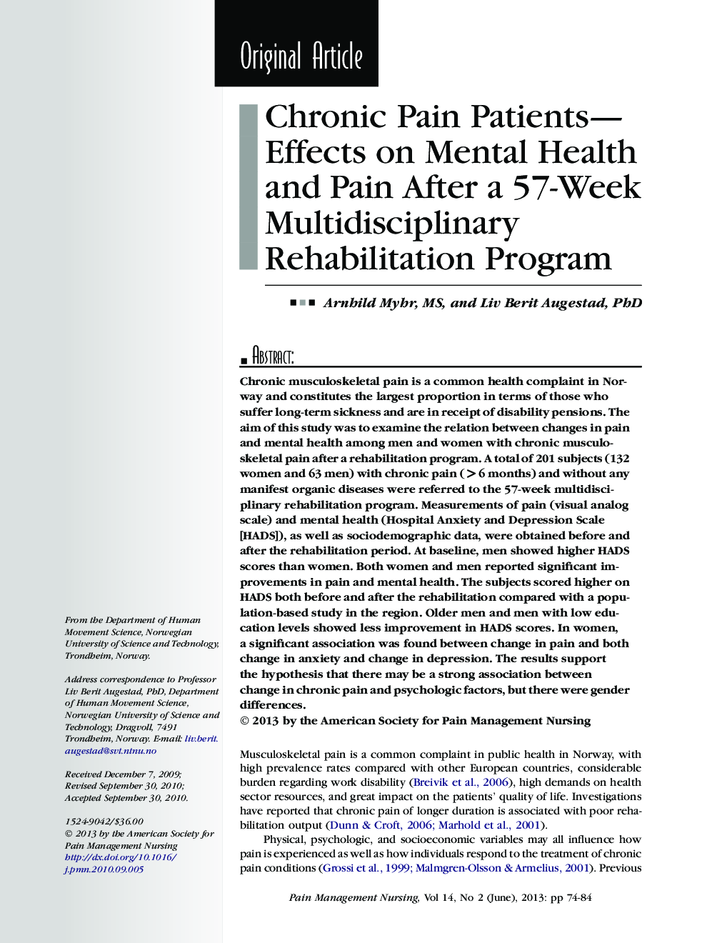 Chronic Pain Patients—Effects on Mental Health and Pain After a 57-Week Multidisciplinary Rehabilitation Program