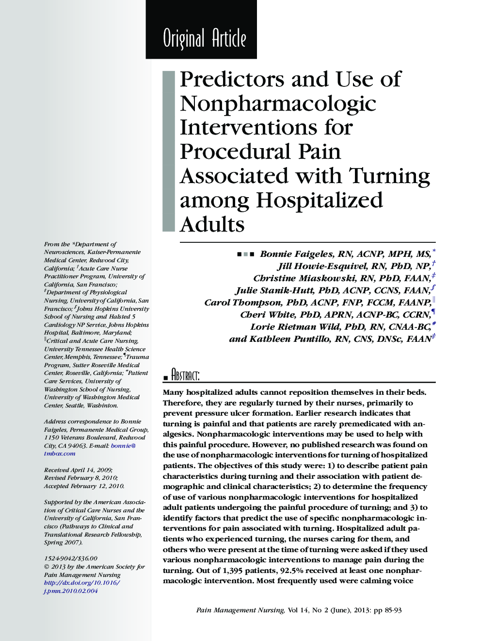 Predictors and Use of Nonpharmacologic Interventions for Procedural Pain Associated with Turning among Hospitalized Adults 