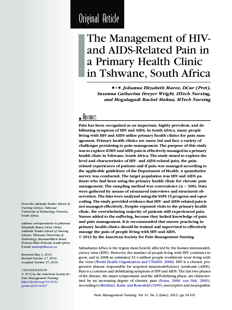 The Management of HIV- and AIDS-Related Pain in a Primary Health Clinic in Tshwane, South Africa