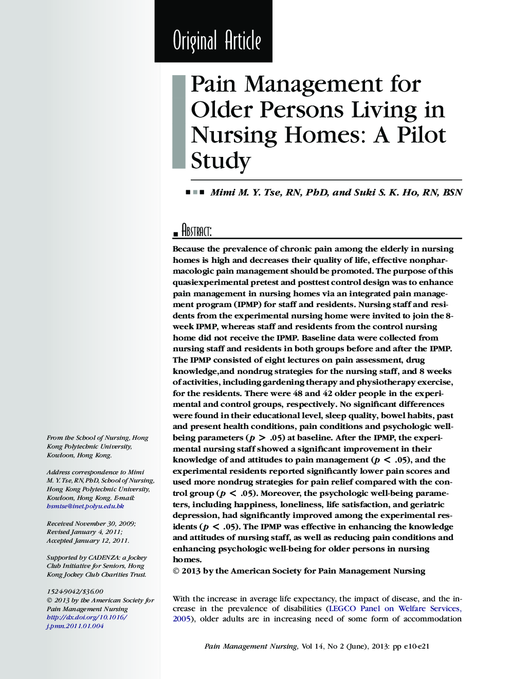 Pain Management for Older Persons Living in Nursing Homes: A Pilot Study 