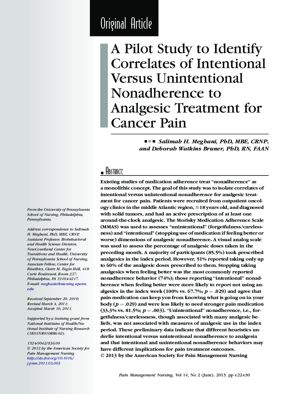 A Pilot Study to Identify Correlates of Intentional Versus Unintentional Nonadherence to Analgesic Treatment for Cancer Pain 