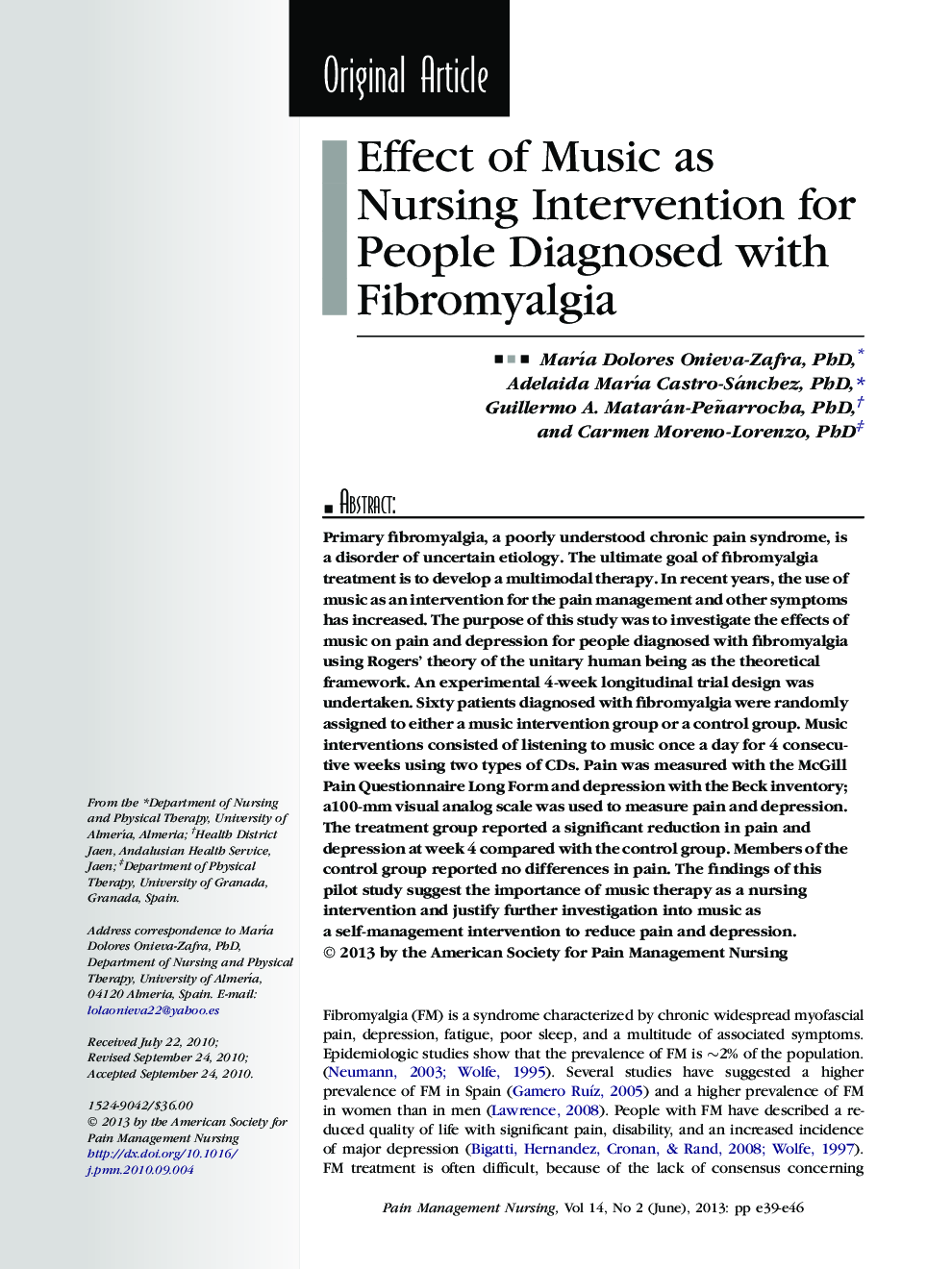 Effect of Music as Nursing Intervention for People Diagnosed with Fibromyalgia