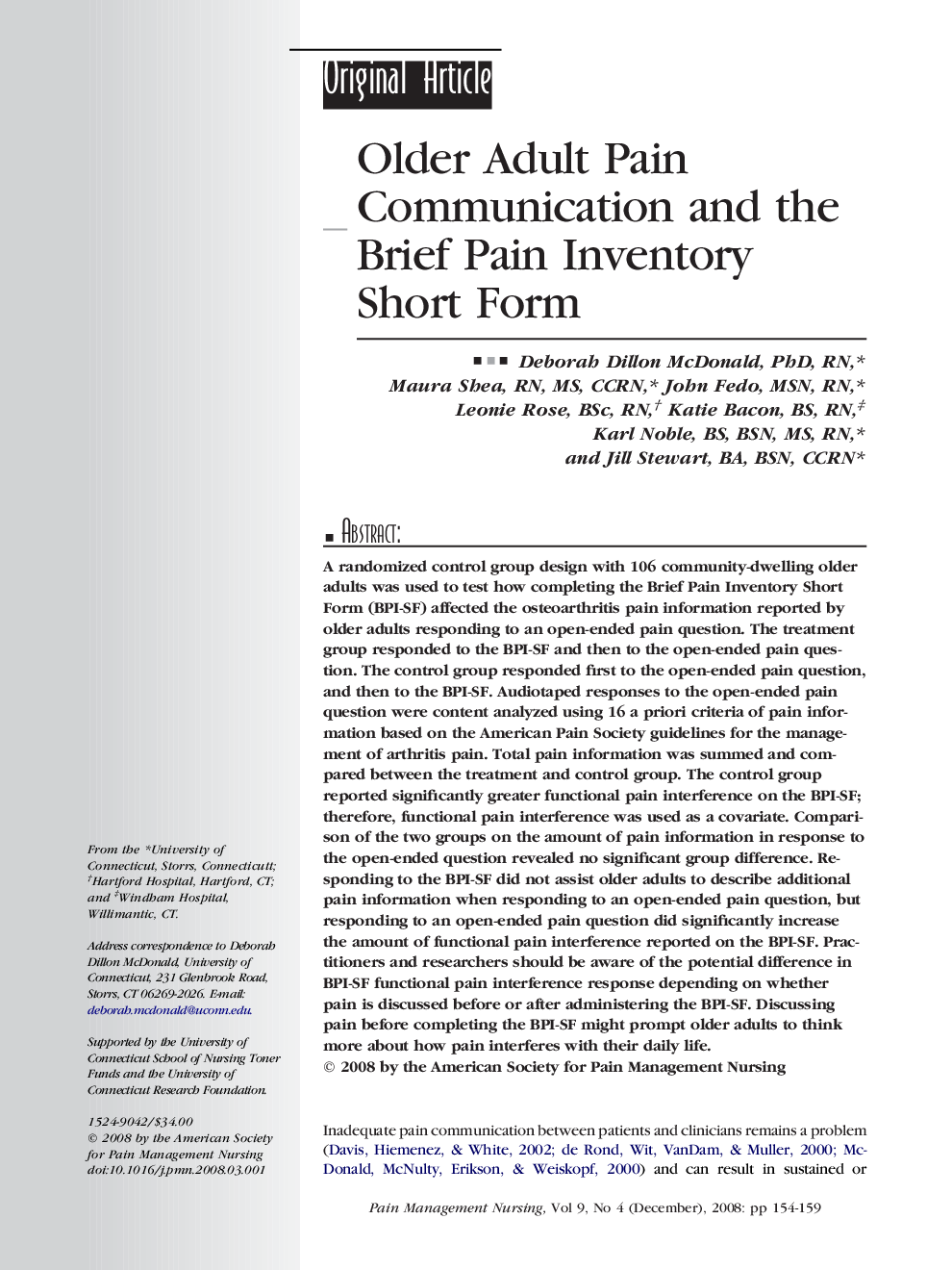 Older Adult Pain Communication and the Brief Pain Inventory Short Form