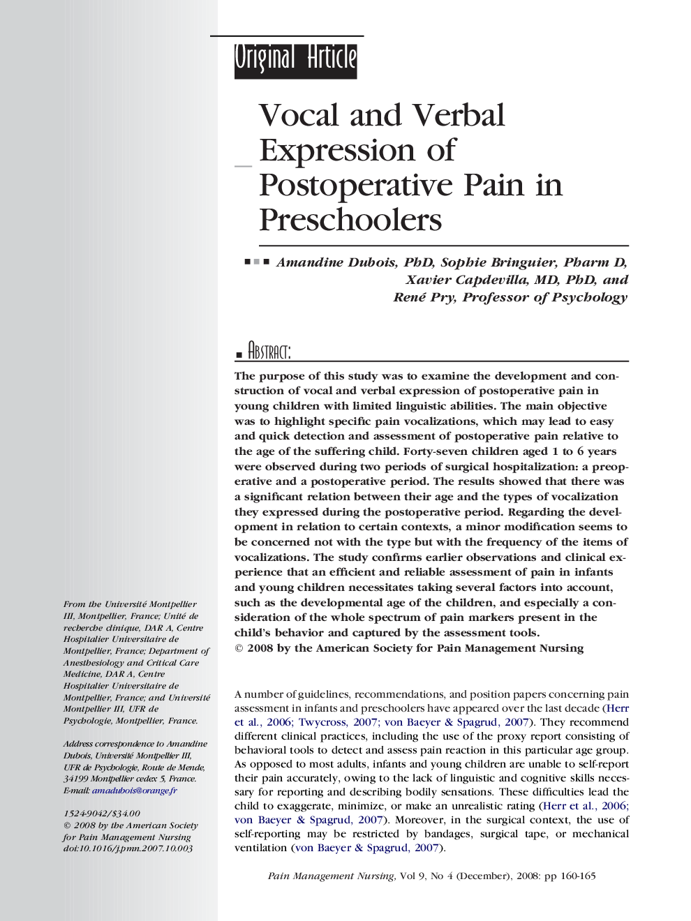 Vocal and Verbal Expression of Postoperative Pain in Preschoolers