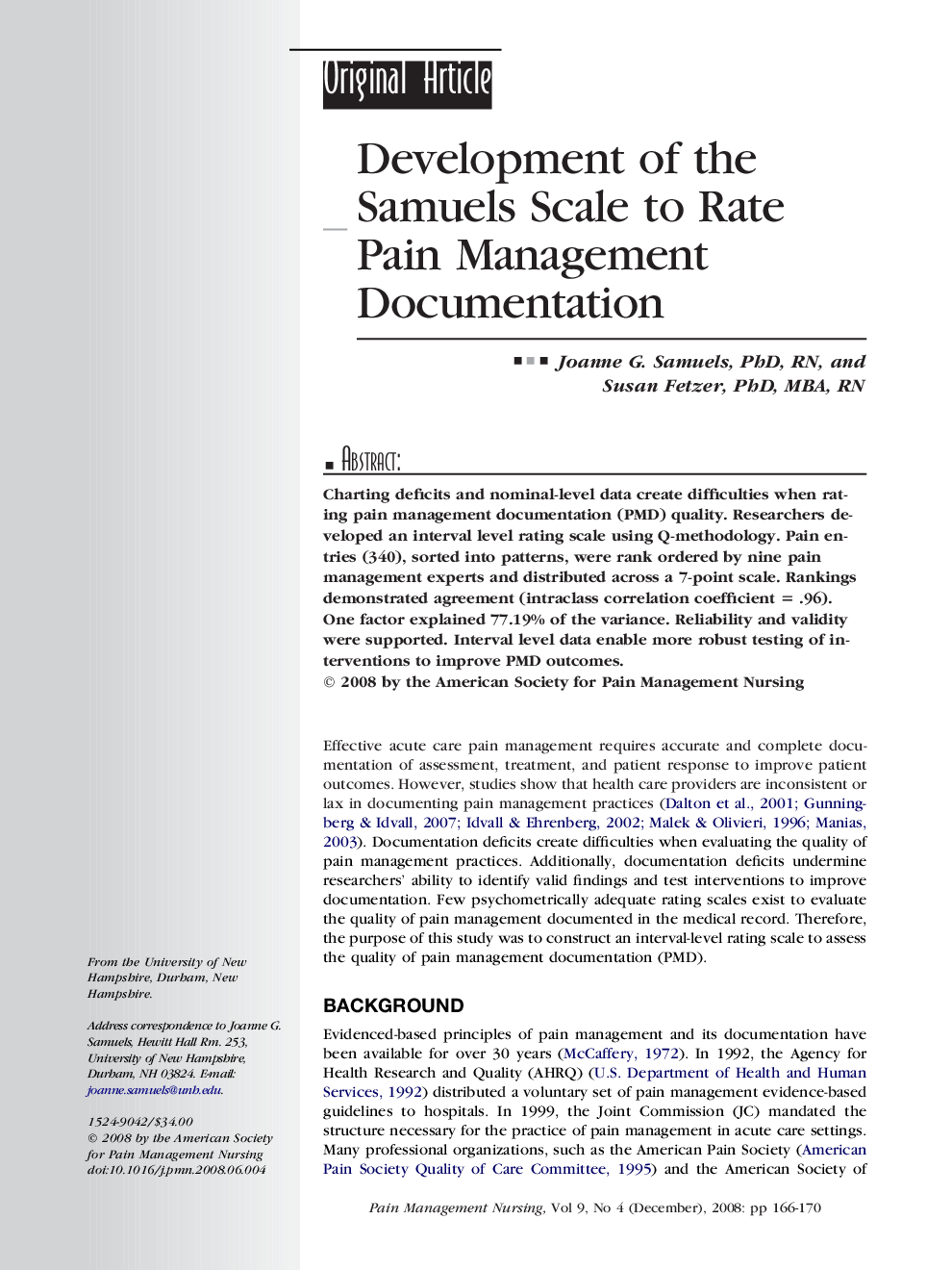 Development of the Samuels Scale to Rate Pain Management Documentation