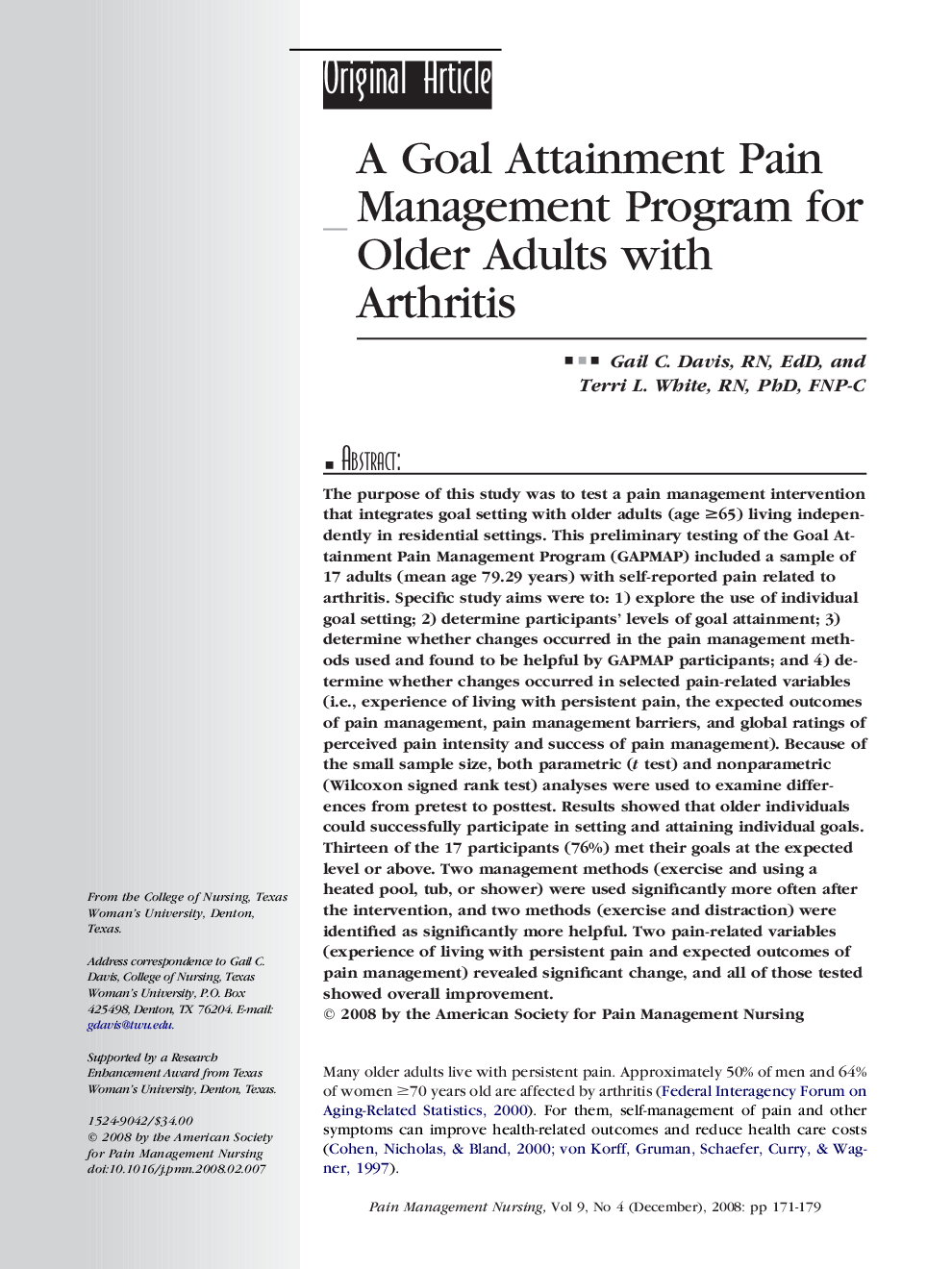 A Goal Attainment Pain Management Program for Older Adults with Arthritis 