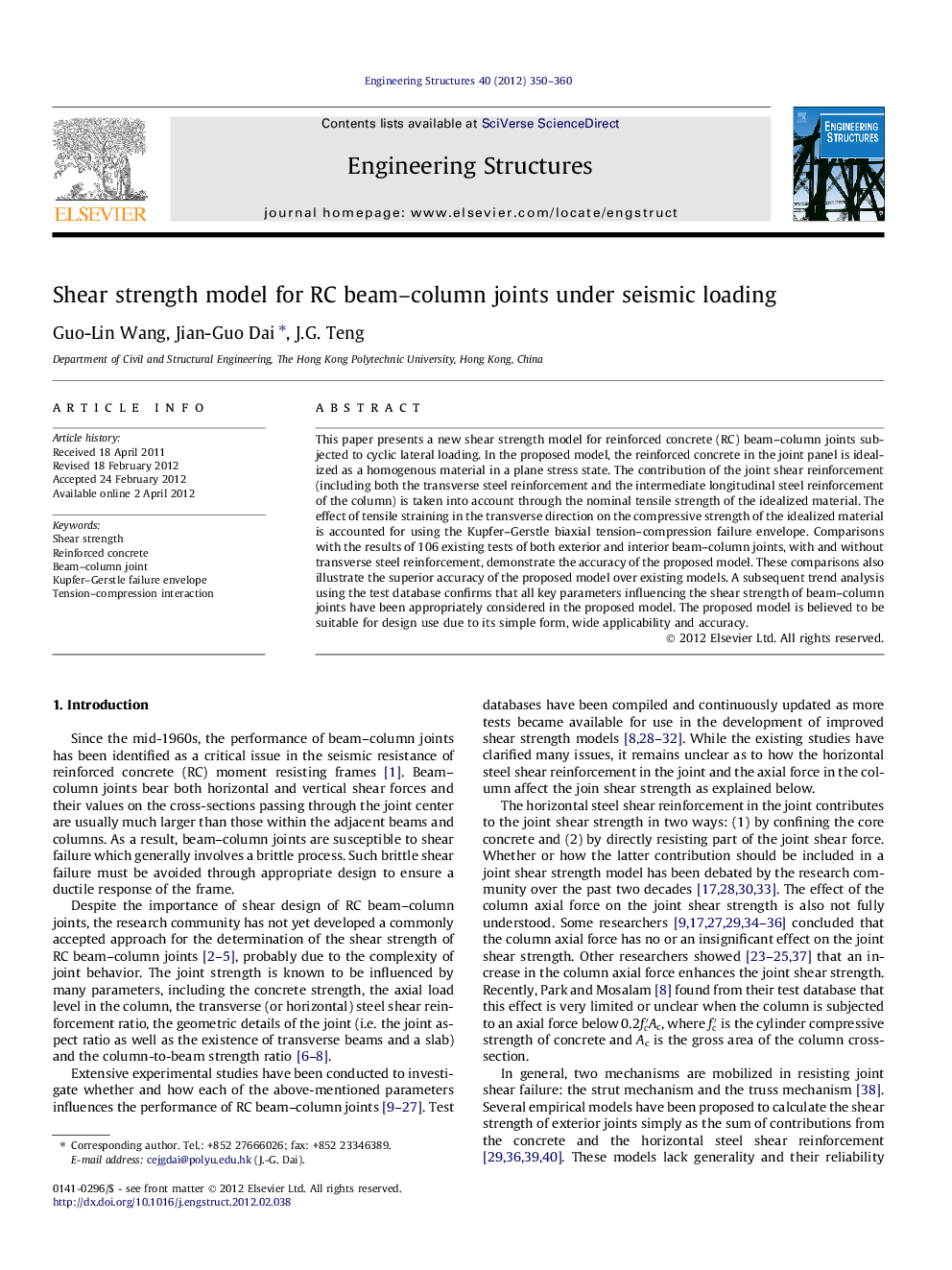 Shear strength model for RC beam–column joints under seismic loading