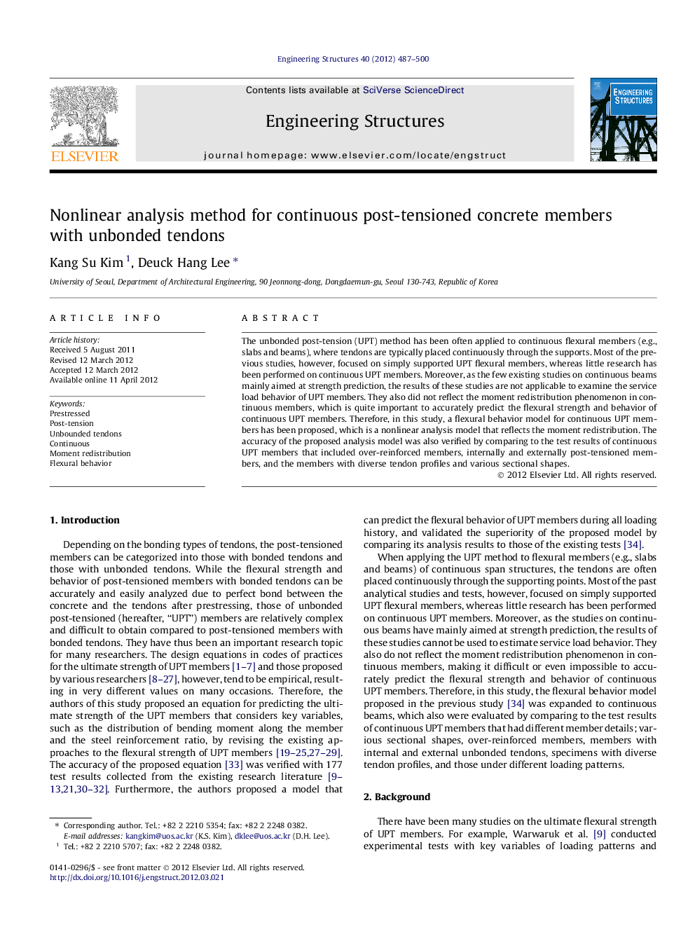 Nonlinear analysis method for continuous post-tensioned concrete members with unbonded tendons