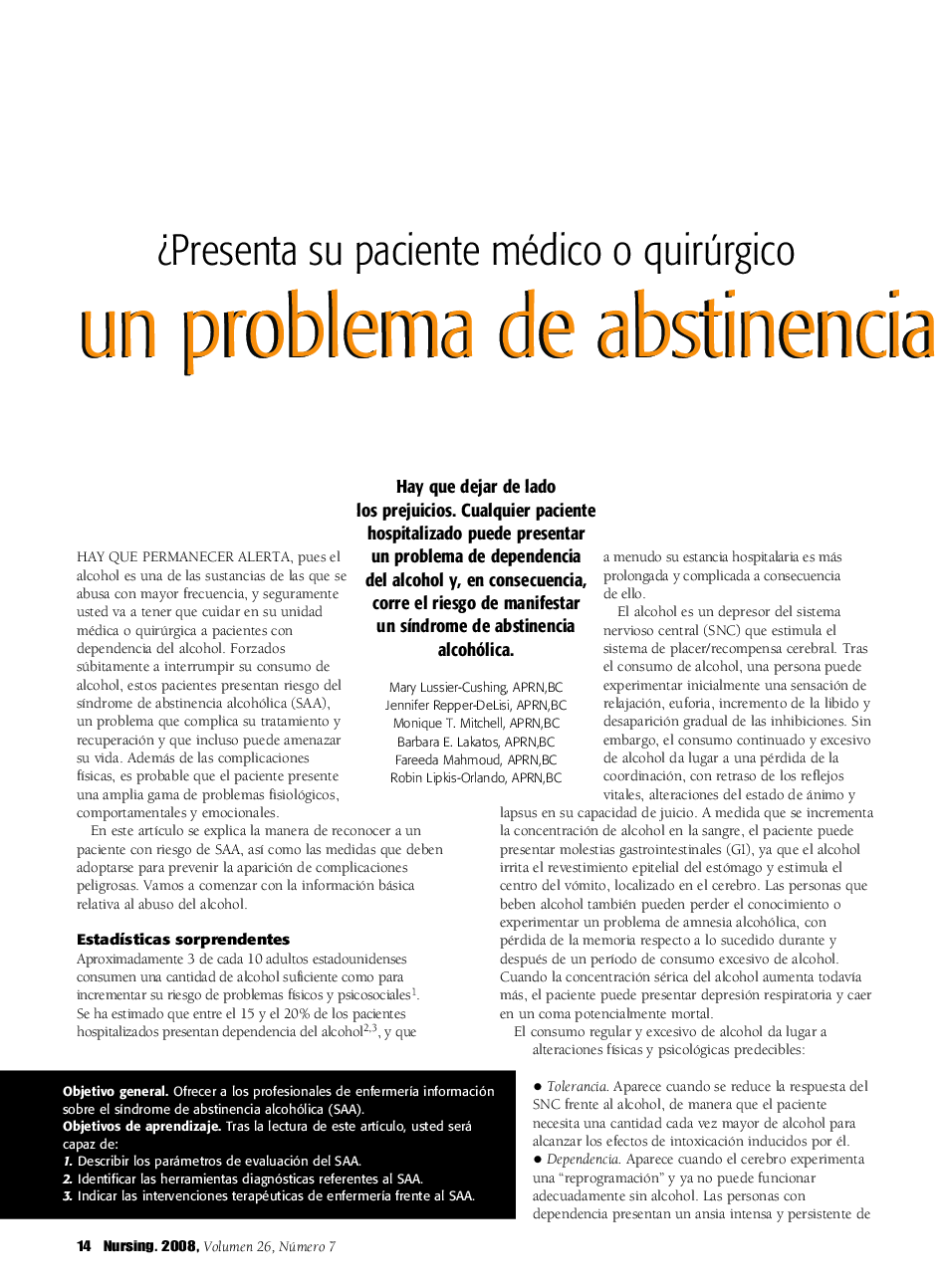 عکس صفحه اول مقاله: ¿Presenta su paciente médico o quirúrgico un problema de abstinencia del alcohol? ¿Presenta su paciente médico o quirúrgico un problema de abstinencia del alcohol?