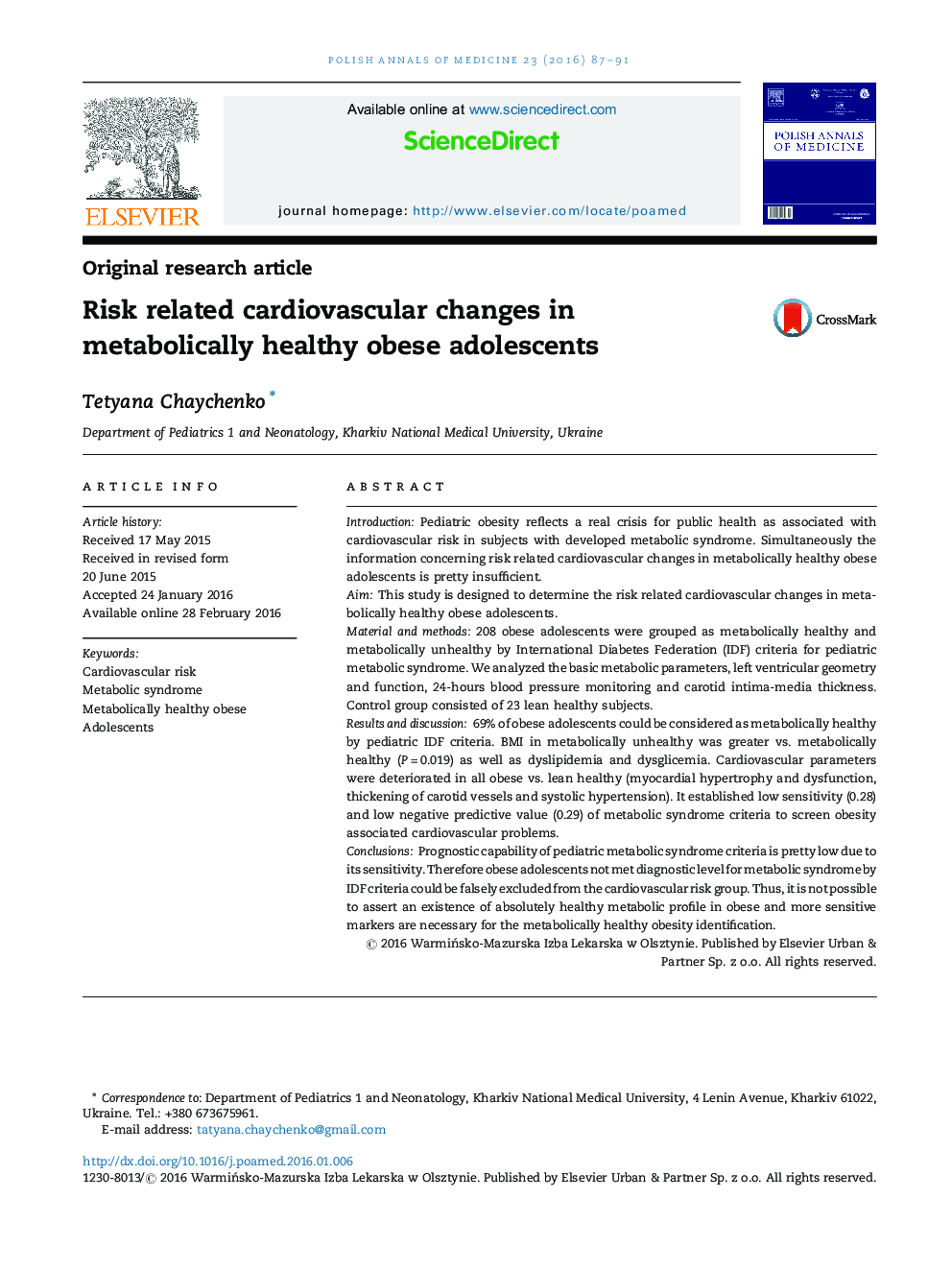 Risk related cardiovascular changes in metabolically healthy obese adolescents