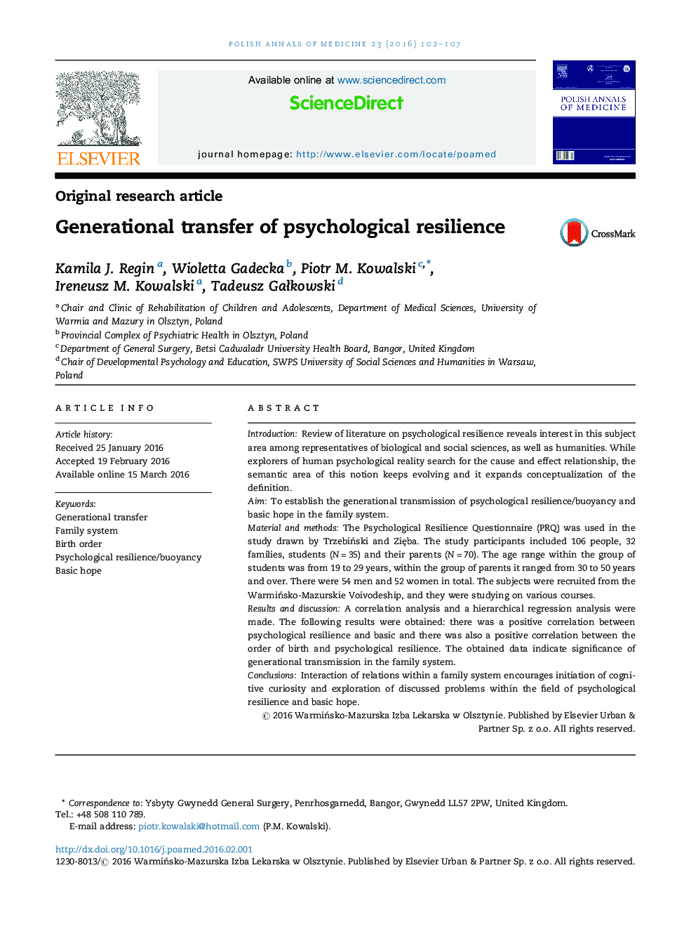 Generational transfer of psychological resilience