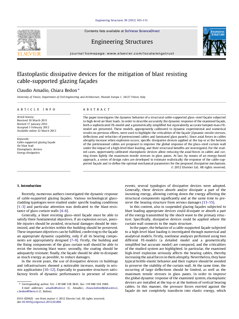 Elastoplastic dissipative devices for the mitigation of blast resisting cable-supported glazing façades