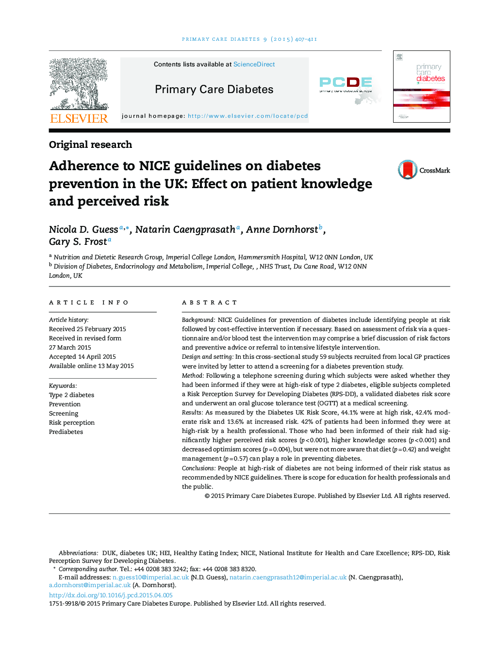 Adherence to NICE guidelines on diabetes prevention in the UK: Effect on patient knowledge and perceived risk