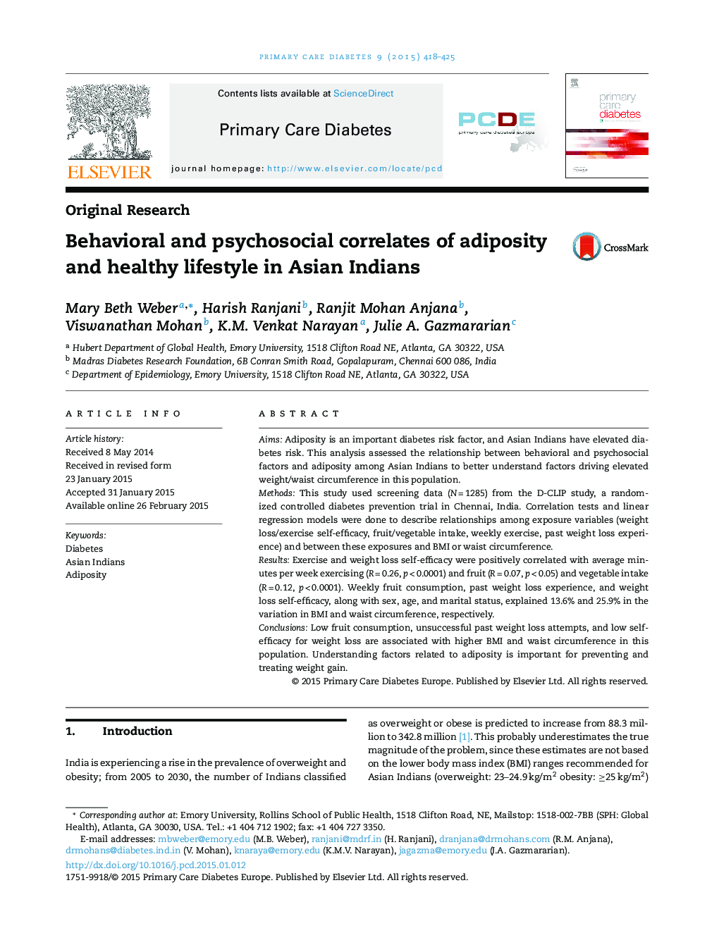 Behavioral and psychosocial correlates of adiposity and healthy lifestyle in Asian Indians